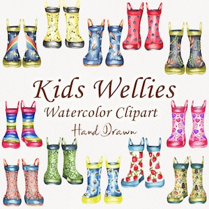 Kinder Gummistiefel Clipart. Regen Stiefel Clipart. Aquarell Stiefel Clip Art. Regenschirme, Gummistiefel Clipart. Familie Gummistiefel Clipart. (FP)