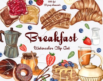 Breakfast Watercolor Clipart. Watercolor Croissant, Pancake Clipart, Sandwich Clipart, Waffles Clipart, Coffee Clipart, Food clipart. PNG