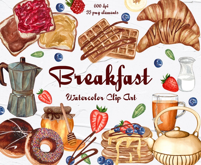 Breakfast Watercolor Clipart. Watercolor Croissant, Pancake Clipart ...