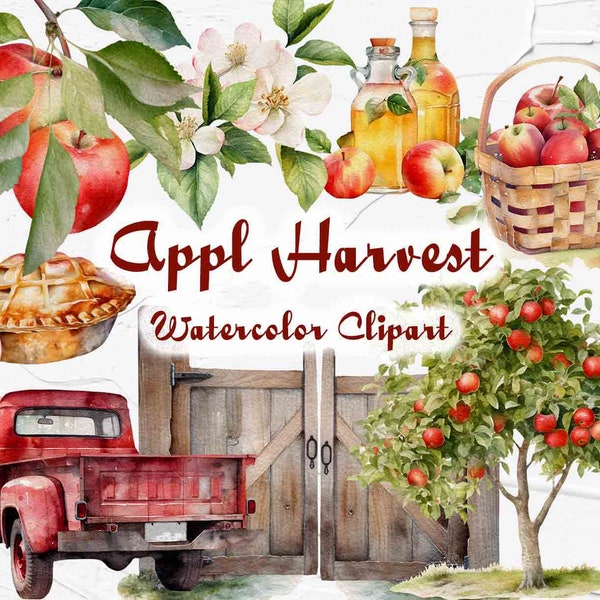 Apple Watercolor Clipart. Harvest Set. Apple Tree, Sider, Truck illustration. Summer Farm Clipart. Gardening Farmhouse Clipart