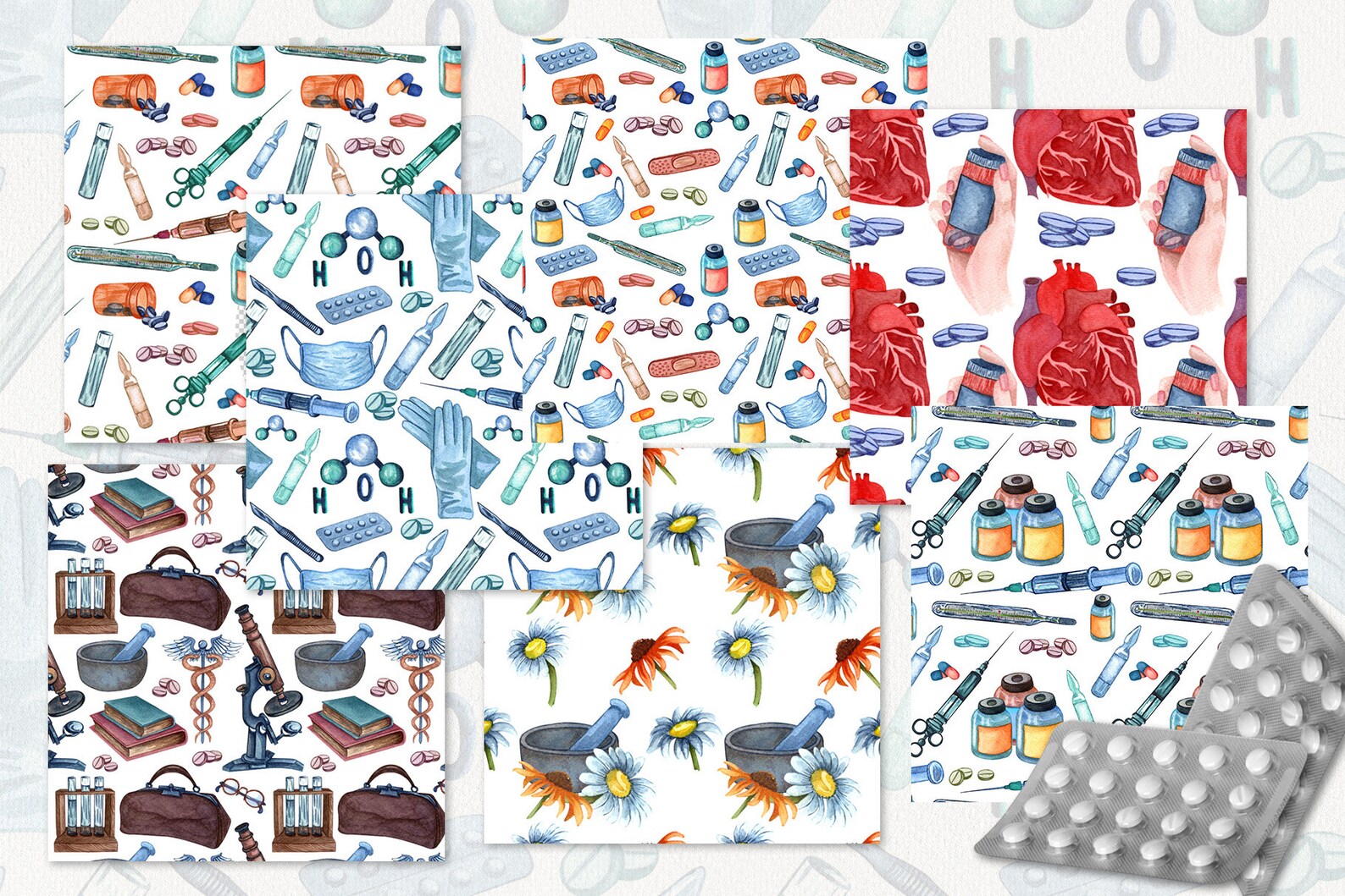 Health Care Digital Paper, Watercolor Medical Clipart, Medical Seamless ...