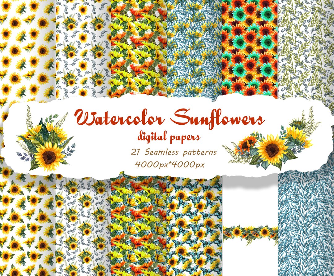 Sunflower Digital Paper, Summer Seamless Patterns. Paper Pack, Floral ...