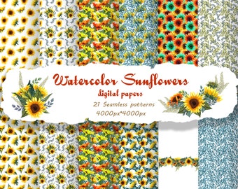 Sonnenblume Digitales Papier, Sommer nahtlose Muster. Papier pack, Blumen Muster Papier, Sonnenblumen Aquarell handgemaltes Papier.