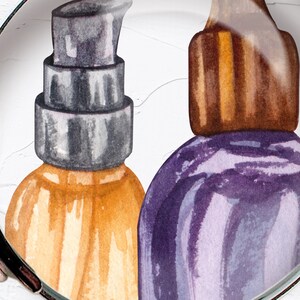 May include: Two glass bottles with pump tops. The bottle on the left is a light brown color with a silver pump top. The bottle on the right is a dark purple color with a brown pump top.