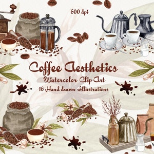 Clipart de aquarela de café. Ilustração de café vintage. Cafeteria. Logotipo do café. Grãos de café, design de menu, PNG. 600 dpi