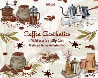 Coffee Watercolor clip art. Vintage Coffee illustration. Coffee Shop. Coffee Logo. Coffee Beans, Menu Design, PNG. 600dpi