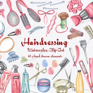 May include: Watercolor clip art set of 41 hand-drawn elements for hairdressing. Includes hairbrushes, combs, scissors, hair ties, hair clips, hairspray bottles, hair dye, curling irons, and a hairdryer.
