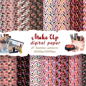 Puede incluir: Un paquete de papel digital con 21 patrones sin costuras que presentan artículos de maquillaje como lápiz labial, paletas de sombras de ojos, pinceles y rubor. Los patrones son de varios colores, incluidos rosa, rojo, negro y blanco. El texto "Make Up digital paper" está escrito en rojo sobre un fondo blanco.