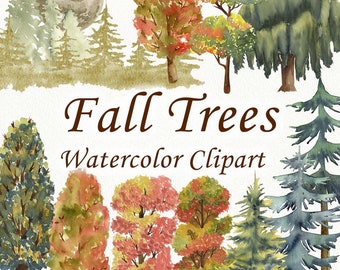 Op de afbeelding: Waterverf clipart van herfstbomen in verschillende tinten groen, geel, oranje en rood. De bomen zijn geïsoleerd op een witte achtergrond. De tekst "Fall Trees Watercolor Clipart" is geschreven in bruine tekst onder de bomen.