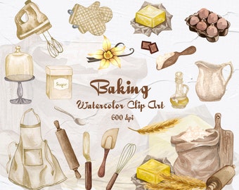 Baking Tools Watercolor Clipart. Baking supplies illustration. Watercolor bakery clip art, Cooking, Kitchen Utensils. instant download. BC