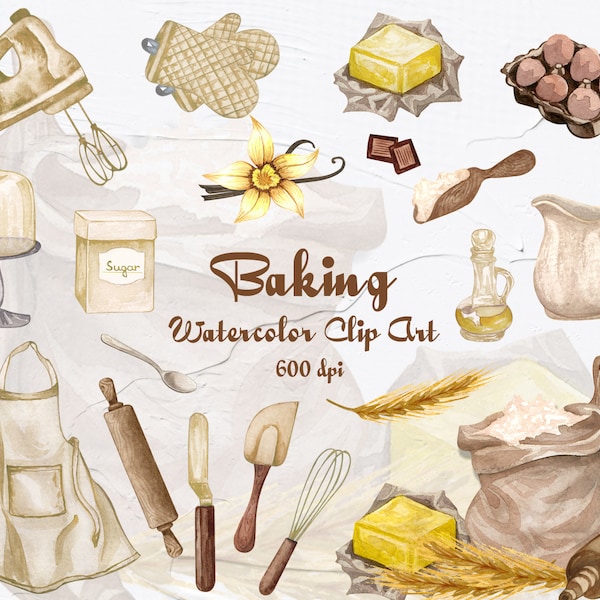 Baking Tools Watercolor Clipart. Baking supplies illustration. Watercolor bakery clip art, Cooking, Kitchen Utensils. instant download. BC