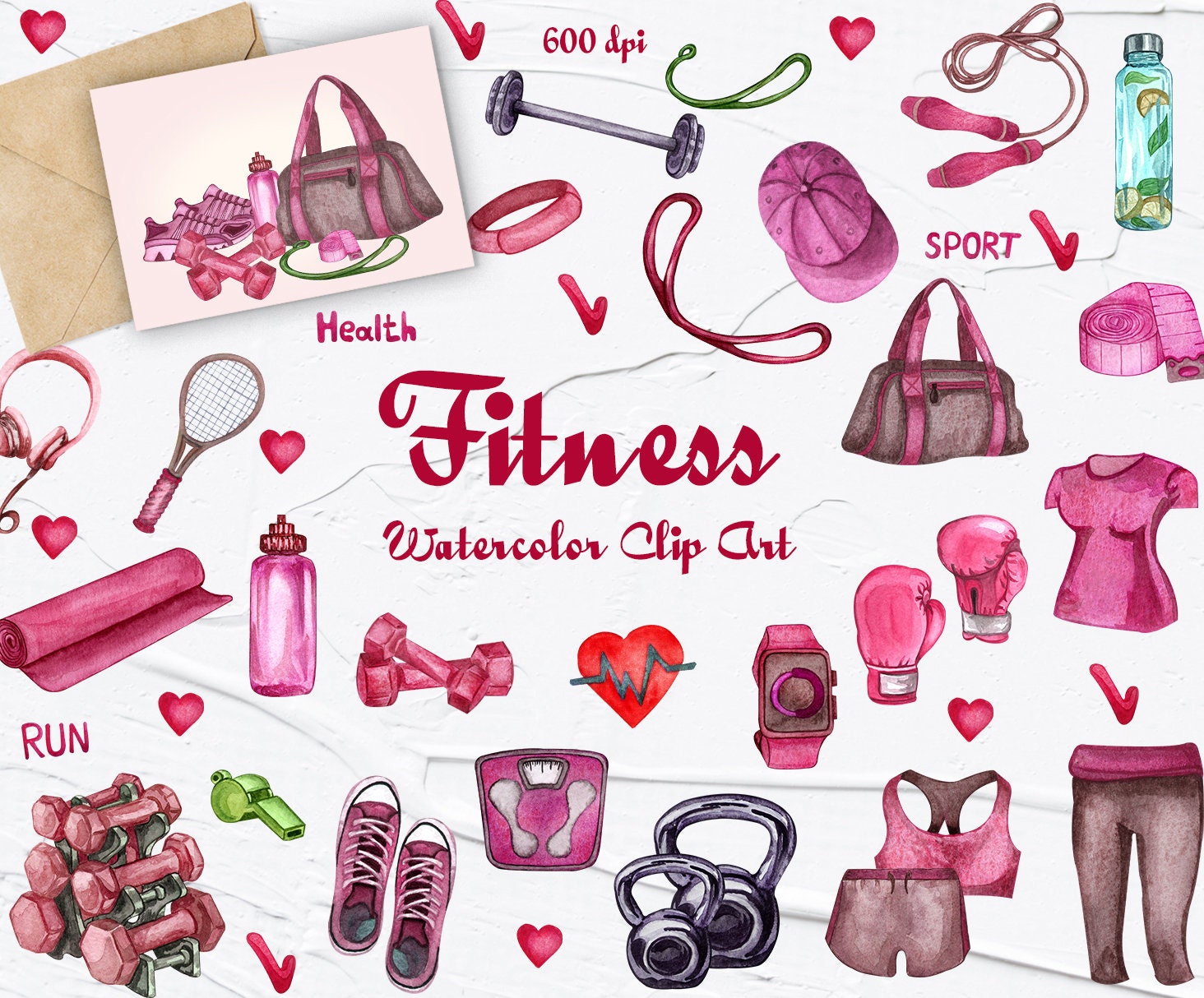 Fitness Equipment Clipart. Pink Fitness Watercolor Clip Art. Sport  Illustartion. Gym Equipment Illustration. Yoga Clipart. PNG 