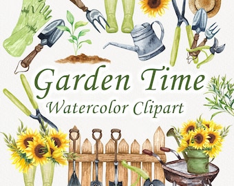 Garden Clipart. Gardening Watercolor Clipart. Garden tools PNg. Watercolor garden time clipart. Spring Gardening clipart