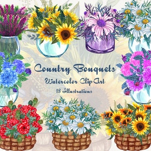 Country Bouquets clip art. Watercolor Meadow flowers clipart. Sunflower, Wildflower jars clip art . PNG 300dpi