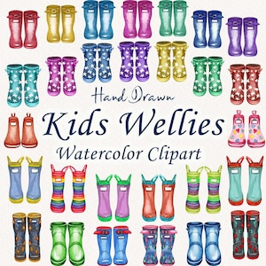 Kids Wellington Boot clipart. Rain boots clipart. Watercolor Boots clip art. Umbrellas, Rubber Boots Clipart. Family Wellies Clipart. (FP)