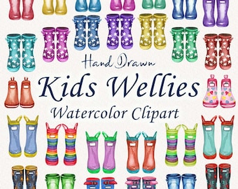 Kids Wellington Boot clipart. Rain boots clipart. Watercolor Boots clip art. Umbrellas, Rubber Boots Clipart. Family Wellies Clipart. (FP)