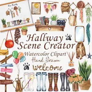 Gang scène maker aquarel clipart. Interieurdecoratie. Aquarel meubels. Gezellig huis. Familie regenlaarzen clipart. PNG (FP)