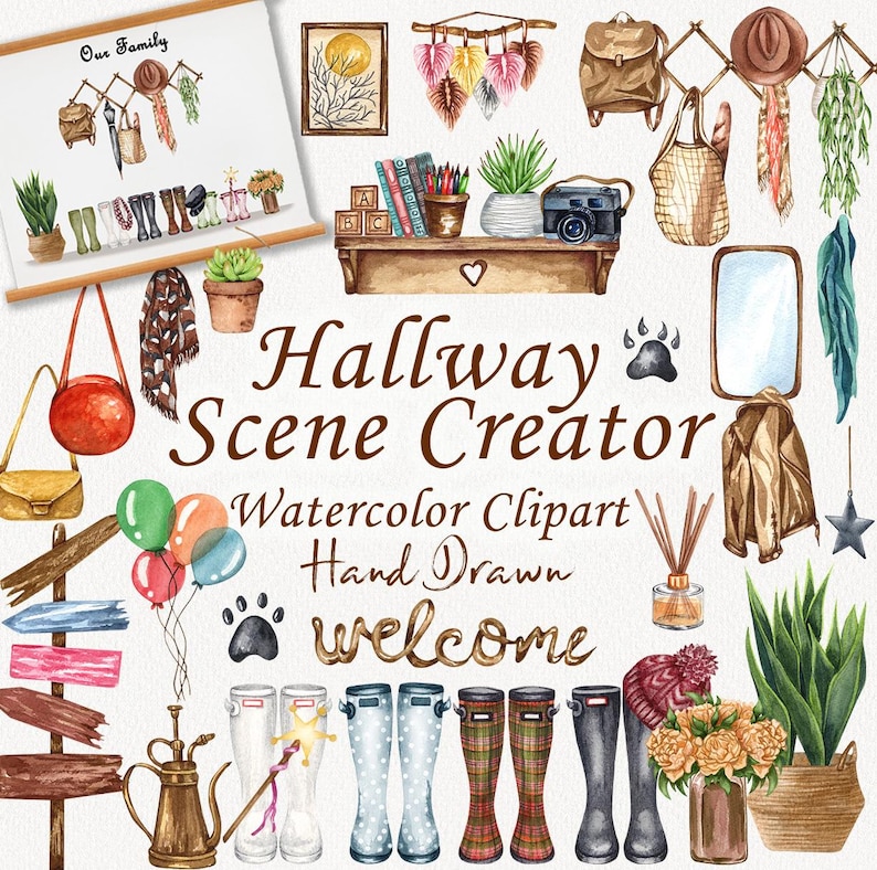 May include: Watercolour clipart set for creating hallway scenes. Includes a welcome sign, rain boots, balloons, a potted plant, a mirror, a coat rack, a shelf, a doormat, and more.