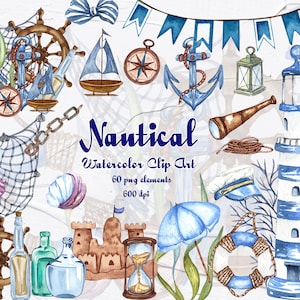 Nautical Watercolor clipart. Ocean watercolor clipart. Marine clipart. Nautical lighthouse. Travel. Sailor Clipart. Beach. Sea. PNG