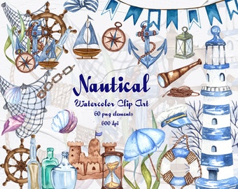 Nautical Watercolor clipart. Ocean watercolor clipart. Marine clipart. Nautical lighthouse. Travel. Sailor Clipart. Beach. Sea. PNG