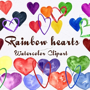 Clipart de corazones de arco iris. Clipart de acuarela del orgullo. Clipart del Mes del Orgullo. Clipart del Orgullo Gay. Rainbow Love Hearts. Gráfico rainbow Pride