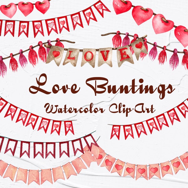 Valentine's Buntings Clipart. Watercolor love buntings. Valentine's Day Garland. Love Clipart. Romantic Garland. PNG 600dpi