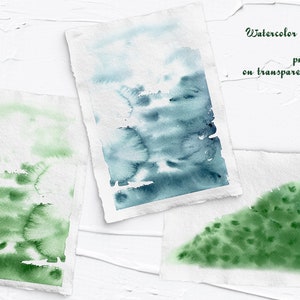 Peut inclure: Trois fonds aquarelle dans des tons de vert et de bleu sur du papier blanc. Le texte "Watercolor Backgrounds png on transparent backgrounds" est &eacute;crit en vert en haut &agrave; droite de l'image.
