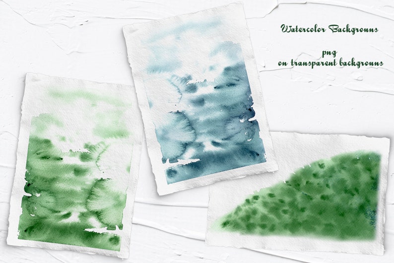 Peut inclure: Trois fonds aquarelle dans des tons de vert et de bleu sur du papier blanc. Le texte "Watercolor Backgrounds png on transparent backgrounds" est &eacute;crit en vert en haut &agrave; droite de l'image.