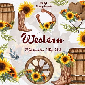 Western Watercolour Clipart. Cowboy Boots clipart. Country Clipart. Sunflowers Horseshoe. Rustic Clipart. Wild West. Cowgirl Clipart