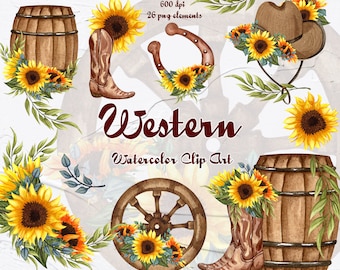 Western Watercolour Clipart. Cowboy Boots clipart. Country Clipart. Sunflowers Horseshoe. Rustic Clipart. Wild West. Cowgirl Clipart