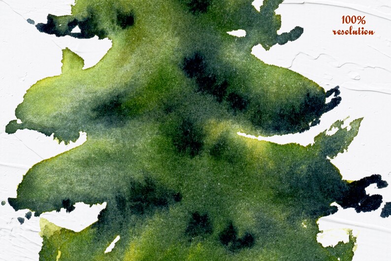 Peut inclure: Peinture abstraite &agrave; l'aquarelle d'un arbre vert avec des accents vert fonc&eacute; et noirs sur un fond blanc.