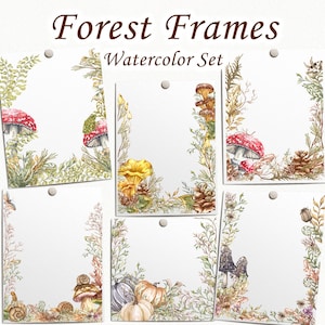 May include: Set of six watercolour frames featuring autumnal forest elements. Each frame includes a white background with a border of mushrooms, leaves, pine cones, and other forest details.