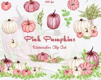 Pink Kürbis Clipart. Aquarell Pink Kürbise Clipart. KürbisRahmen.  Herbst Clip Art. Pastell rosa Kürbisse. Ernte Clipart. Png