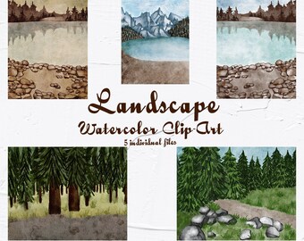 Aquarelle Paysage Clipart. Clipart aquarelle forêt. Illustrations de bois. Nature, forêt, arbres, lac clipart. Clipart des montagnes. COE