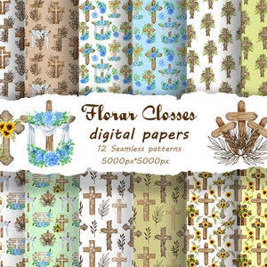 Religiöses Digitales Papier. Christliche Ostern Nahtlose Muster. Religiöses Scrapbooking. Christliche Kreuz Tapeten, Florale Kreuze Papier EFC