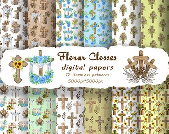 Religious Digital Paper. Christian Easter Seamless Patterns. Religious Scrapbooking. Christian Cross Wallpapers, Floral Crosses paper EFC