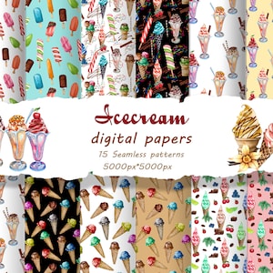 Icecream Digital Paper Pack. Waffle Cone Icecream. Sweet Dessert seamless patterns. Sundae Summer Clipart for instant download.