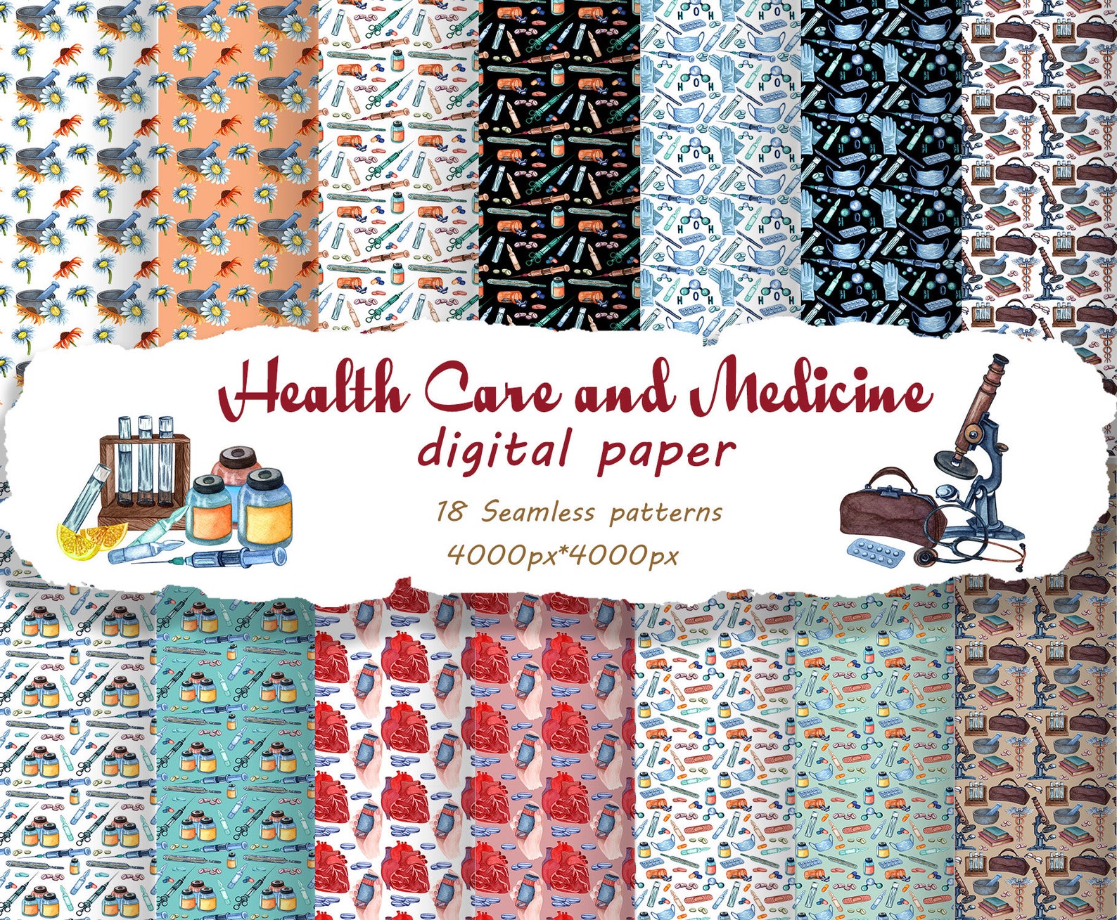 Health Care Digital Paper, Watercolor Medical Clipart, Medical Seamless ...