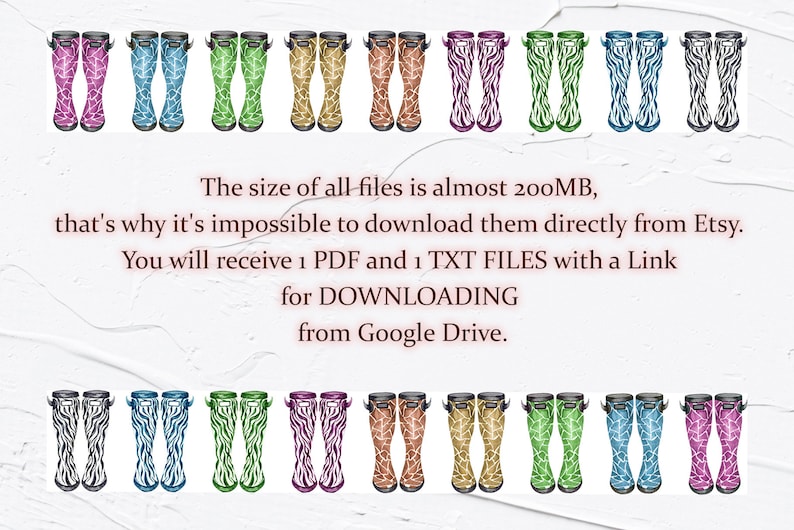 Peut inclure: Un t&eacute;l&eacute;chargement num&eacute;rique de 16 bottes de pluie &agrave; motifs diff&eacute;rents. Les bottes sont de diff&eacute;rentes couleurs, notamment rose, vert, bleu, violet et orange. Les bottes sont toutes &agrave; motif z&egrave;bre. Le texte sur l'image indique : "La taille de tous les fichiers est d'environ 200 Mo, c'est pourquoi il est impossible de les t&eacute;l&eacute;charger directement depuis Etsy. Vous recevrez 1 fichier PDF et 1 fichier TXT avec un lien pour le T&Eacute;L&Eacute;CHARGEMENT depuis Google Drive."