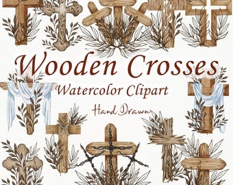 May include: A set of 12 watercolor illustrations of wooden crosses with various designs, including a cross with a crown of thorns, a cross with a wreath, and a cross with a banner. The crosses are surrounded by brown leaves and branches. The text "Wooden Crosses Watercolor Clipart Hand Drawn" is written below the crosses.
