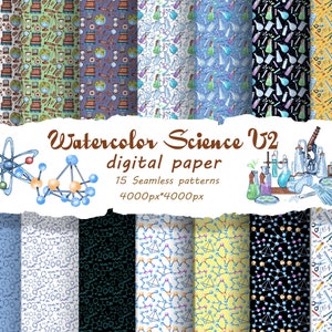 Science seamless patterns, Science digital paper. Ciencia de los patrones de acuarela. Patrón escolar, papel digital de educación. Formación académica