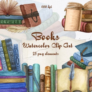 May include: Watercolor clip art featuring stacks of books in various colors, some open, with a graduation cap and feather. The text "Books Watercolor Clip Art" is displayed.