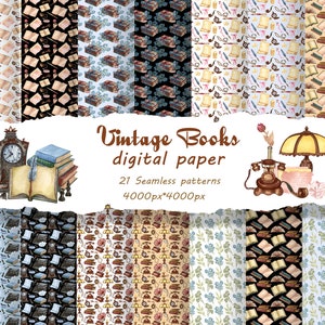May include: A set of 21 digital paper designs featuring vintage books, clocks, lamps, and other literary-themed illustrations. The papers are seamless and measure 4000 pixels by 4000 pixels.