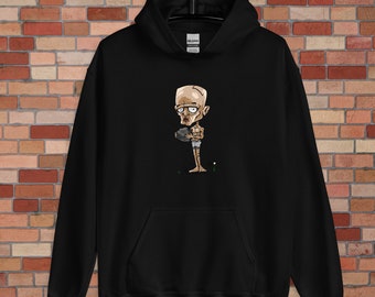 Könnte beinhalten: Schwarzer Hoodie mit einer Cartoon-Illustration eines kahlköpfigen Mannes, der einen Stein hält. Der Mann trägt ein weißes Unterhemd und hat einen verzweifelten Gesichtsausdruck.