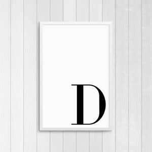 Duża litera „D” do wydrukowania, czarno-biały plakat, czarno-białe inicjały, prosta dekoracja ścienna, pobieranie cyfrowe, skandynawski plakat ścienny