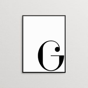 Duża litera „G” do wydrukowania, czarno-biały plakat, czarno-białe inicjały, prosta dekoracja ścienna, pobieranie cyfrowe, skandynawski plakat ścienny