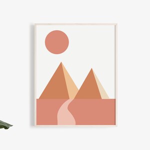 Pyramids, Mid Century Modern Art, Geometric Wall Art, Digital Download Print, Peach Coral Rust Orange Minimal Gallery Art, Illustration