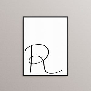 Duża litera „R” do wydrukowania, plakat monochromatyczny, wydruk inicjałów w czerni i bieli, prosta dekoracja stołu, pobieranie cyfrowe, skandynawski znak ścienny