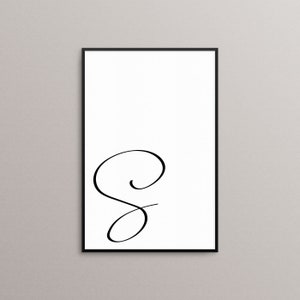 Duża litera „S” do wydrukowania, plakat monochromatyczny, wydruk inicjałów w czerni i bieli, prosta dekoracja stołu, pobieranie cyfrowe, skandynawski znak ścienny
