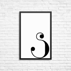 Duża litera „S” do wydrukowania, czarno-biały plakat, czarno-białe inicjały, prosta dekoracja ścienna, pobieranie cyfrowe, skandynawski plakat ścienny